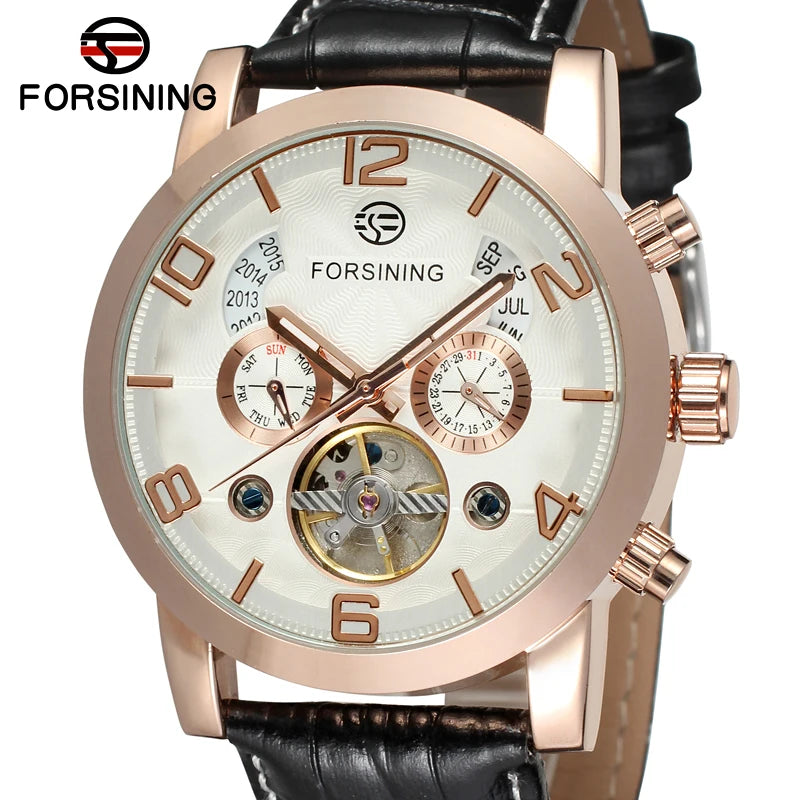 FORSINING 165 Friendship New Mens Mechanical Watch Best Genuine Leather Band Big Numbers Date Display Tourbillion Auto Watch