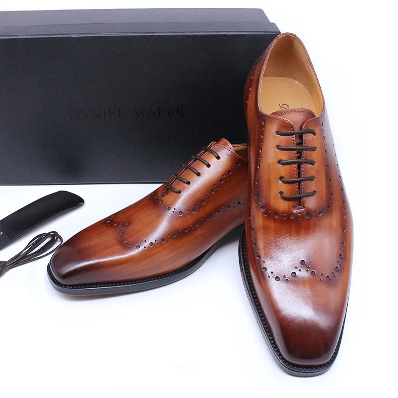 2025 New Luxury Brogue Genuine Leather Dress Shoes for Men Lace-Up Brown Wedding Party Men Office Oxford Shoes for Men