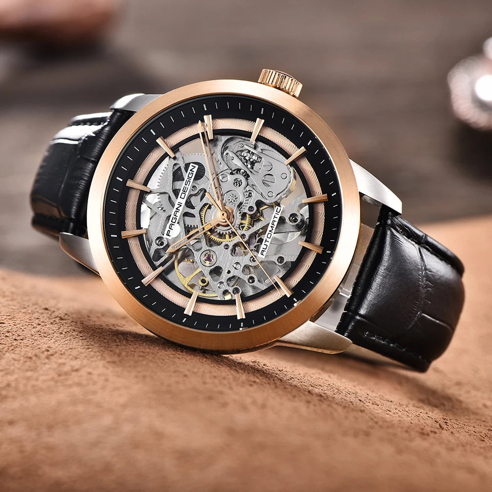 Pagani Design 1638 Mens Mechanical Watch Genuine Leather Strap Waterproof Skeleton Luxury Watch Relojes Hombre