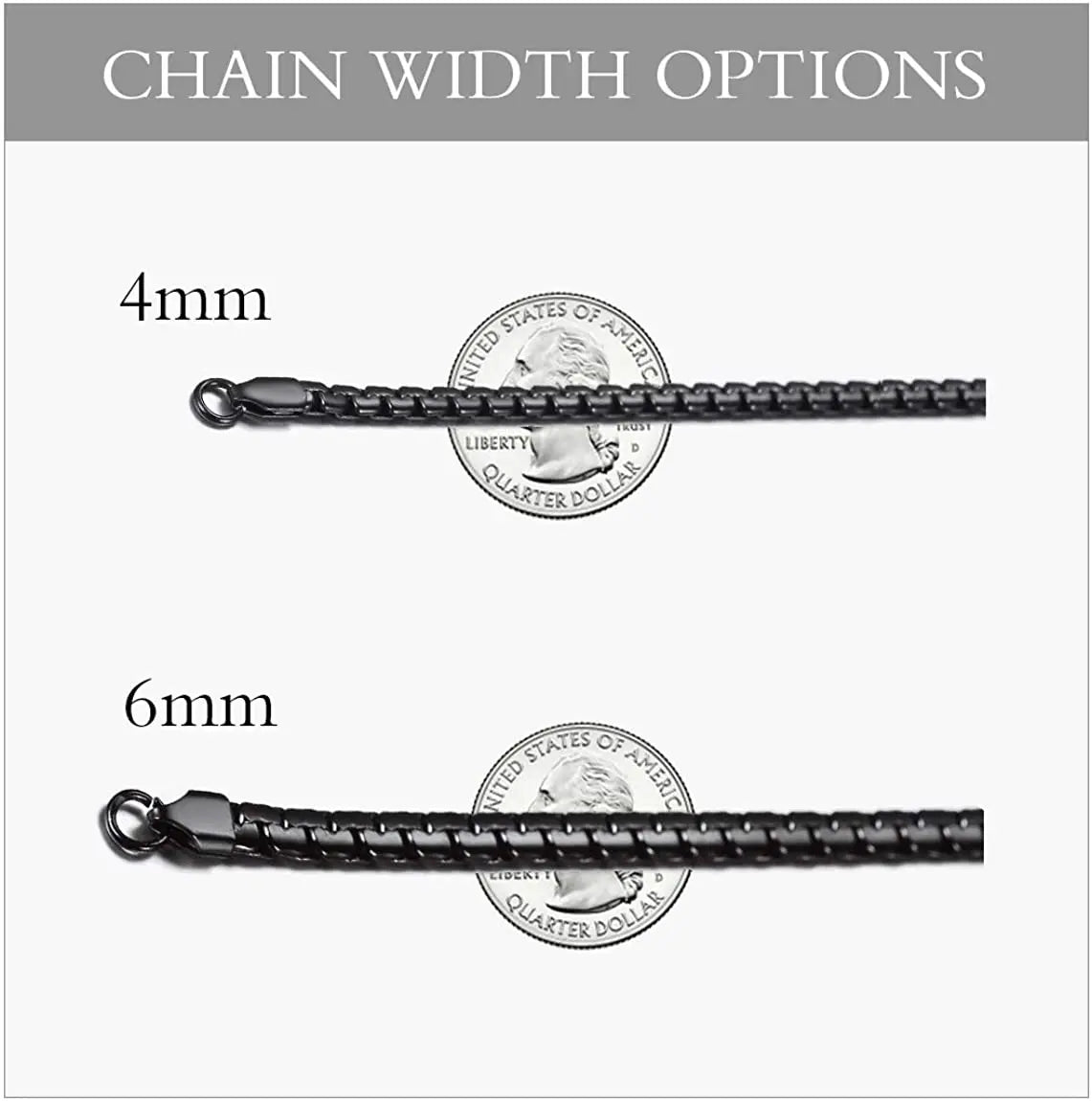 USENSETCN 4mm 6mm Flat Box Chain Stainless Steel Necklace Black Unisex - Durable Fashion Jewelry Gift