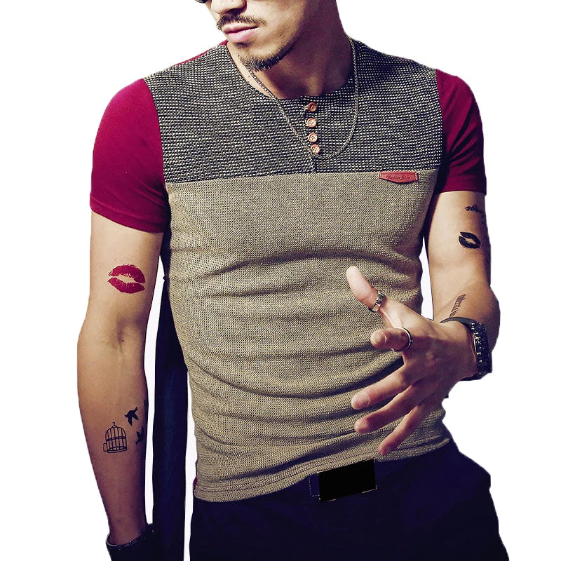 Men's Casual Patchwork T-Shirt - Short Sleeve Cotton Blend Tee