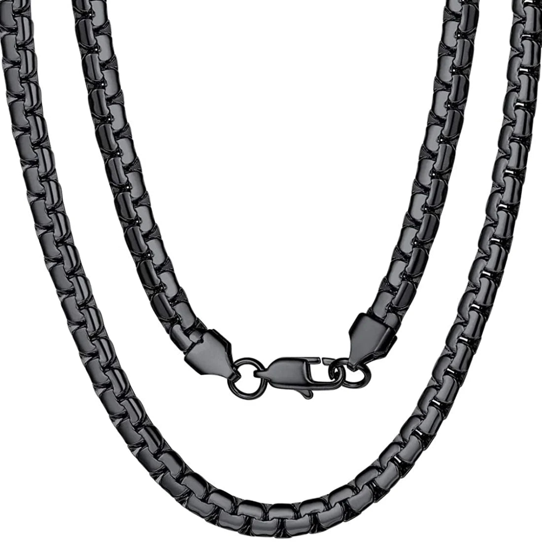 USENSETCN 4mm 6mm Flat Box Chain Stainless Steel Necklace Black Unisex - Durable Fashion Jewelry Gift
