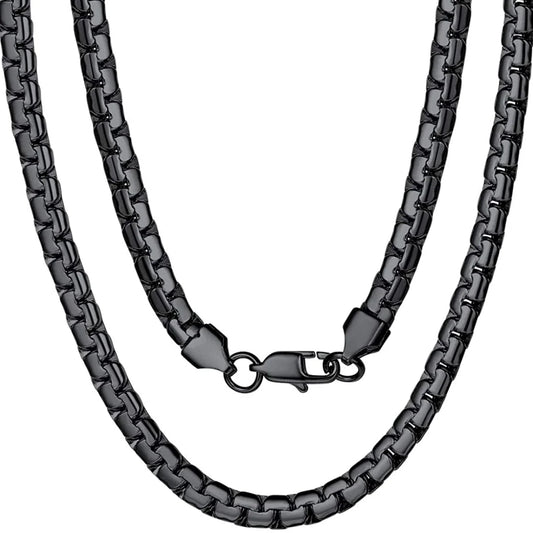 USENSETCN 4mm 6mm Flat Box Chain Stainless Steel Necklace Black Unisex - Durable Fashion Jewelry Gift