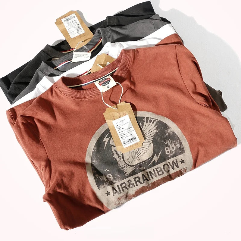 Men's Long Sleeve T-Shirt Spring and Autumn Pure Cotton Washed Distressed Brushed Trendy Tops