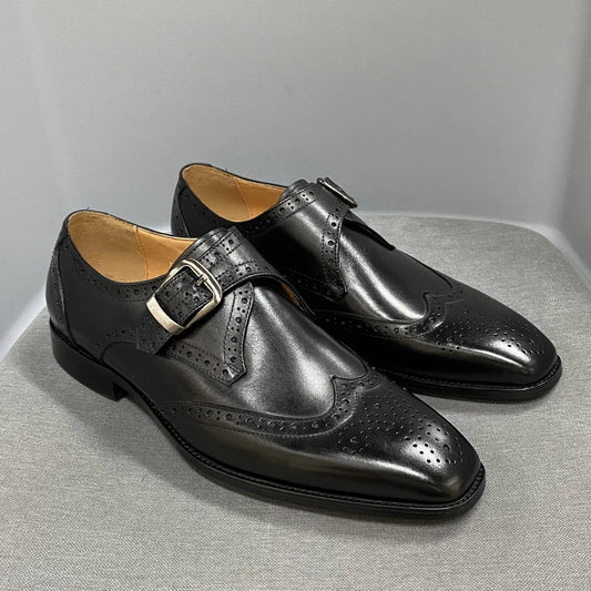 High Quality Handmade Monk Strap Genuine Leather Shoes for Men Block Carved Cowhide Men Dress Shoes Loafer Men Formal Shoes