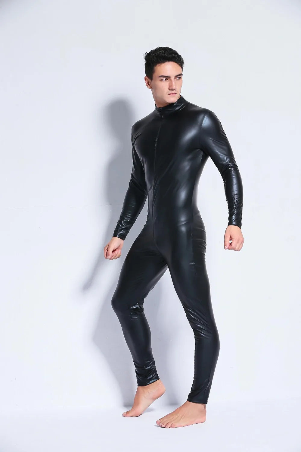 Men's Faux Leather Bodysuit - Long Sleeve Spandex Catsuit