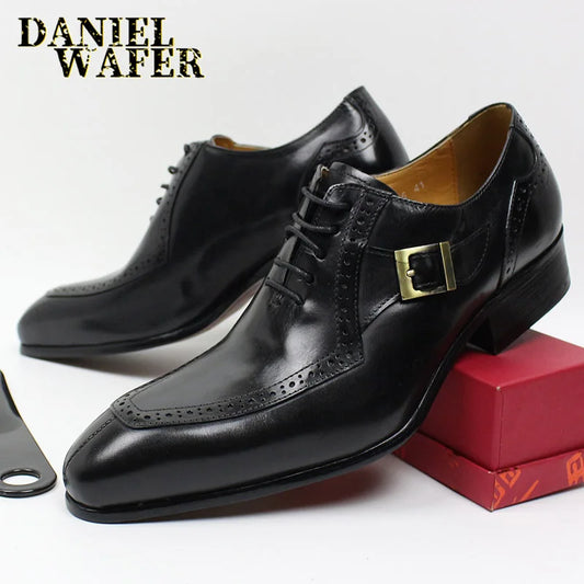 Customized Italian Style Men's Dress Genuine Leather Shoes Luxury Men  Monk Strap Lace-up Business Office Leather Wedding Shoes