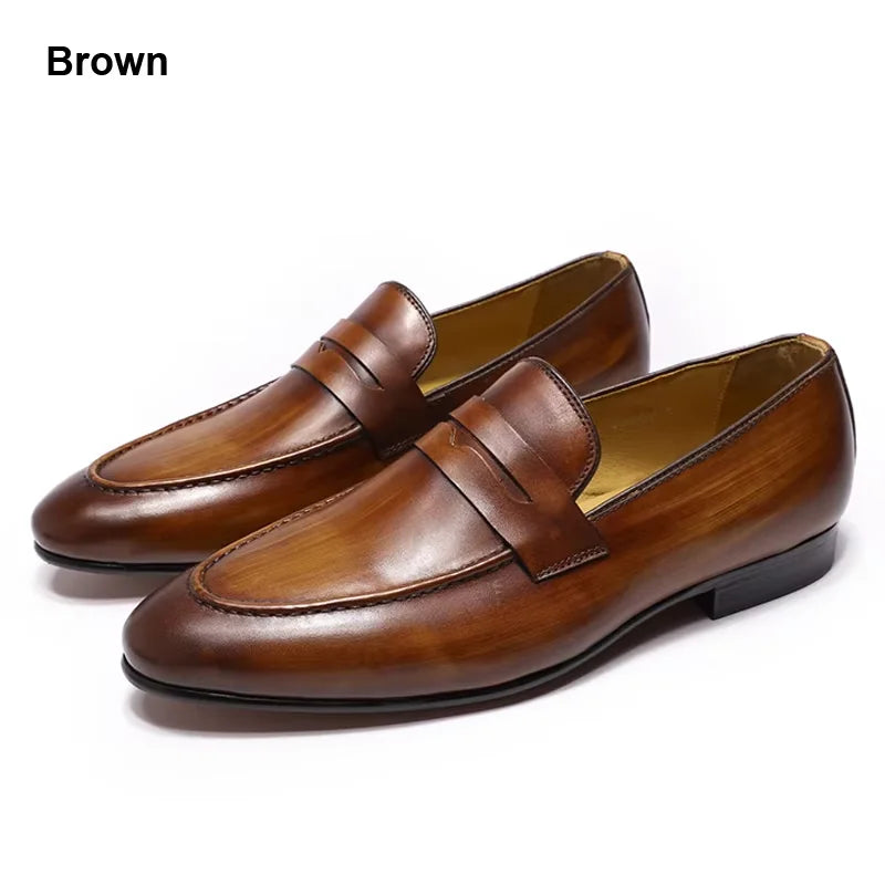 2025 Men's Genuine Leather Dress Shoes Black and Brown Loafer Slip-On with Pointed Toe Casual Formal Style for Holiday Party