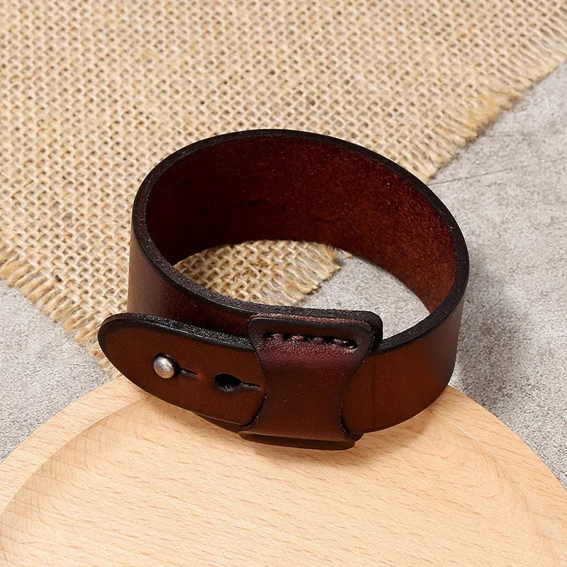 ZORCVENS Vintage Irregular Genuine Leather Bracelet - Unisex Wide Brown Cuff Wrap Punk Wristband