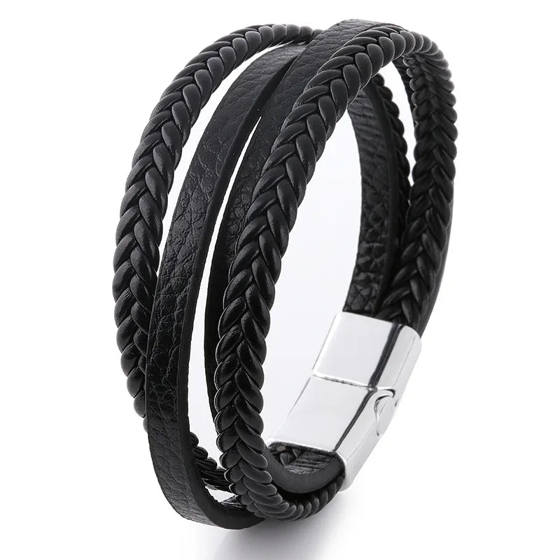 Trendy Genuine Leather Bracelets Men Stainless Steel Multilayer Braided Rope Bracelets for Male Female Bracelets Jewelry for Man