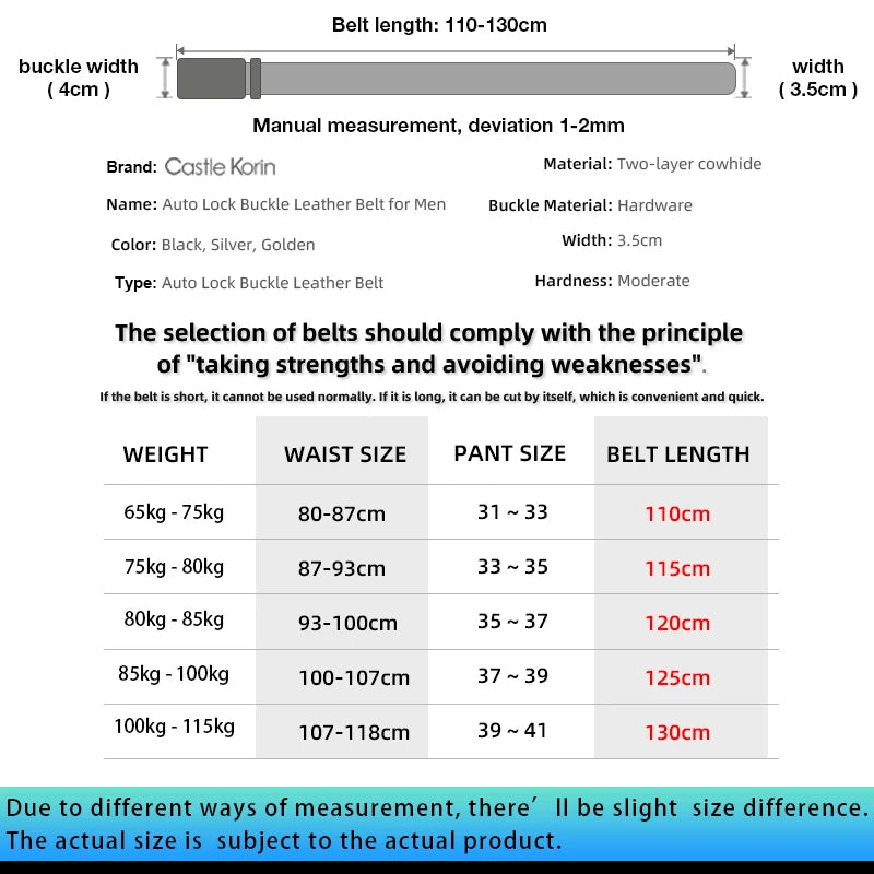 Men's Genuine Cowhide Leather Belt with Automatic Alloy Buckle