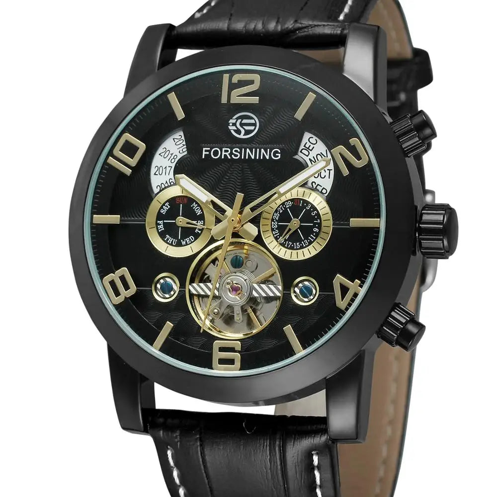 FORSINING 165 Friendship New Mens Mechanical Watch Best Genuine Leather Band Big Numbers Date Display Tourbillion Auto Watch