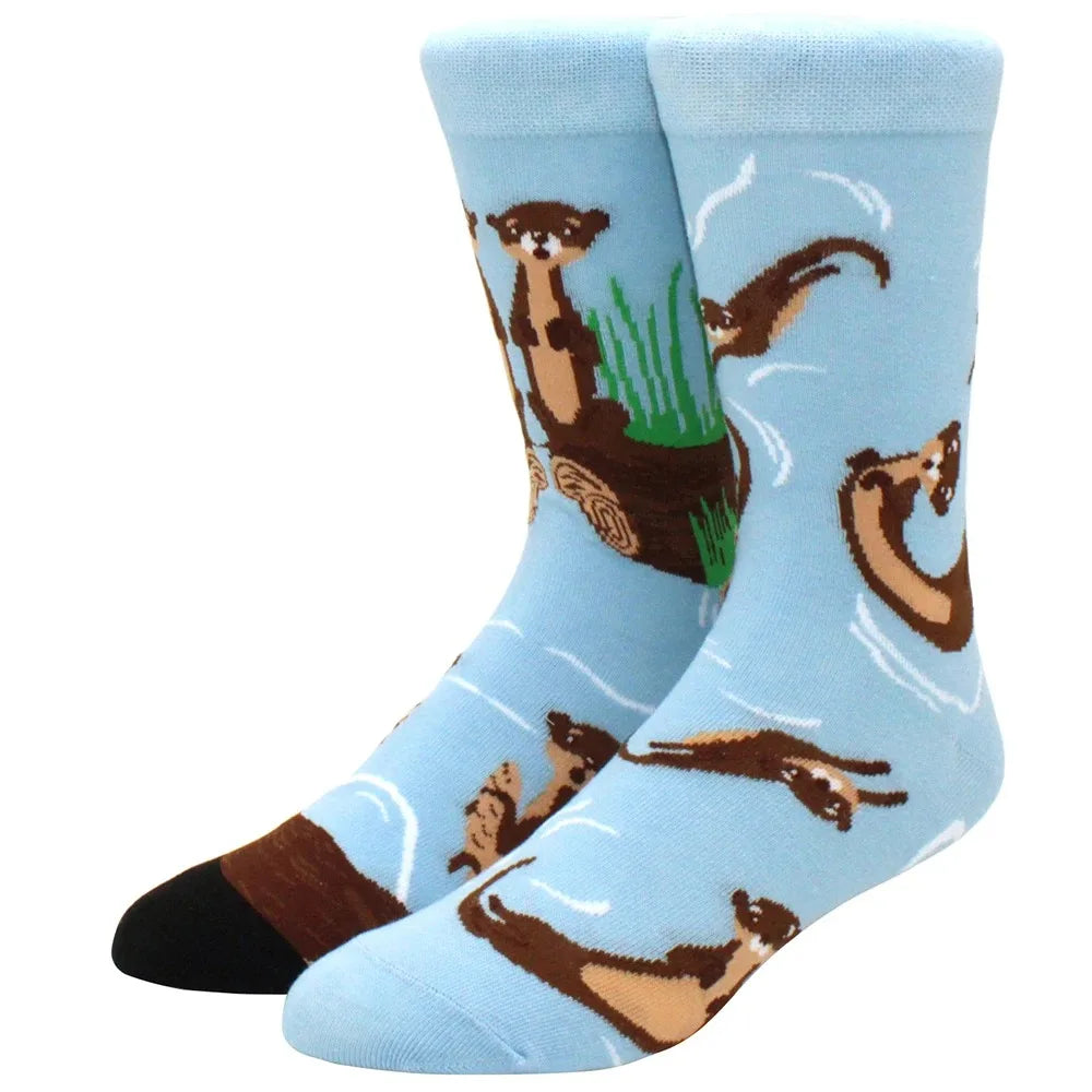 Men's Novelty Cotton Crew Socks - Mismatched Animal & Fruit Design