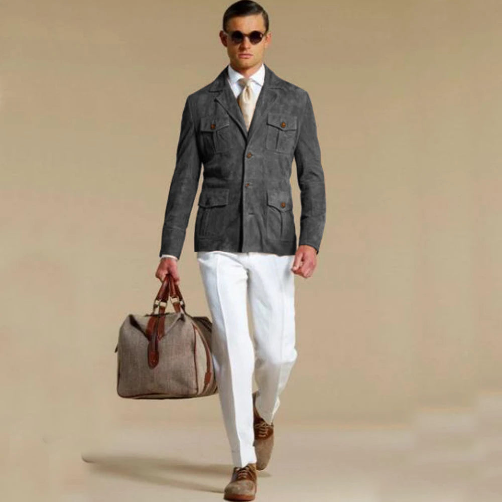 Men's Elegant Suede Blazer Single-breasted Modern Multiple Pockets Lapel Blazers Fashion