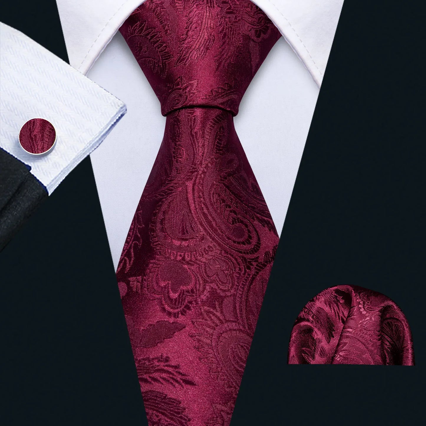 Barry.Wang Red Silk Mens Tie Hanky Cufflinks Set Burgundy Maroon Scarlet Carmine Rose Jacquard Necktie For Male Wedding Party