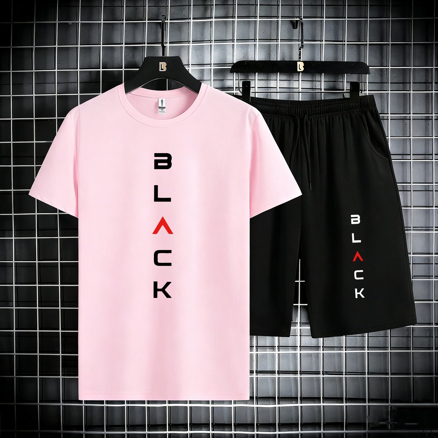 Black Simple Letter Pattern Mens Cotton Summer Classic Short Suits Cool All-Match Streetwear Soft Pocket Bottom Daily 2Pc Set