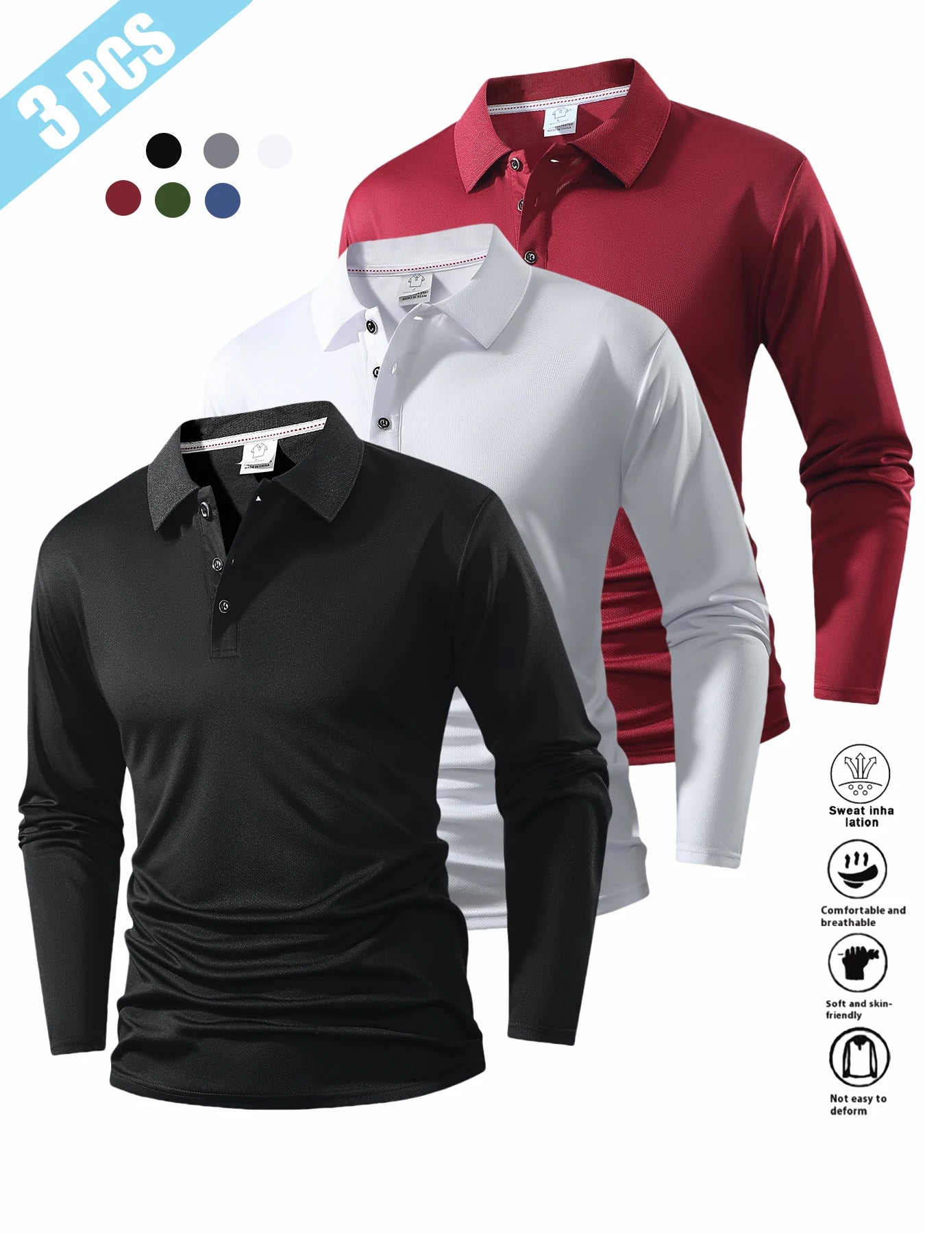 Men's Long Sleeve Shirt in Three-Piece Set, Autumn-Winter Collar Design, Solid Color, Flat Fabric, Multiple Color Options, Casual Business Wear
