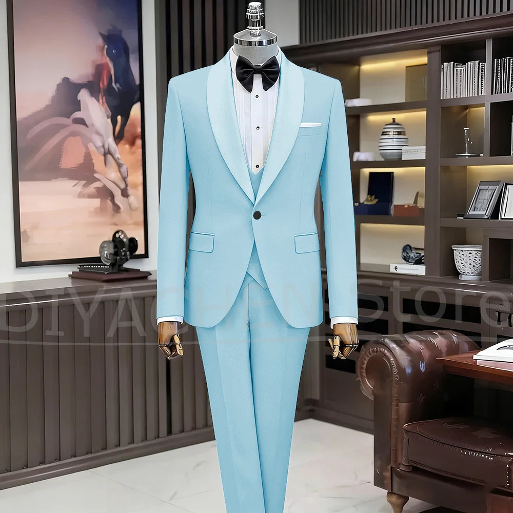Black Suits for Men Elegant Shawl Lapel One Button Male Suit Slim (Jacket+Vest+Pants) Banquet Prom Wedding Party Tuxedo 3 Piece