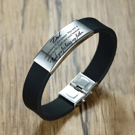 Vnox Fathers Day Gift For Dad Silicone Bracelet For Men Adjustable Stainless Steel ID Bar - Custom Engraving