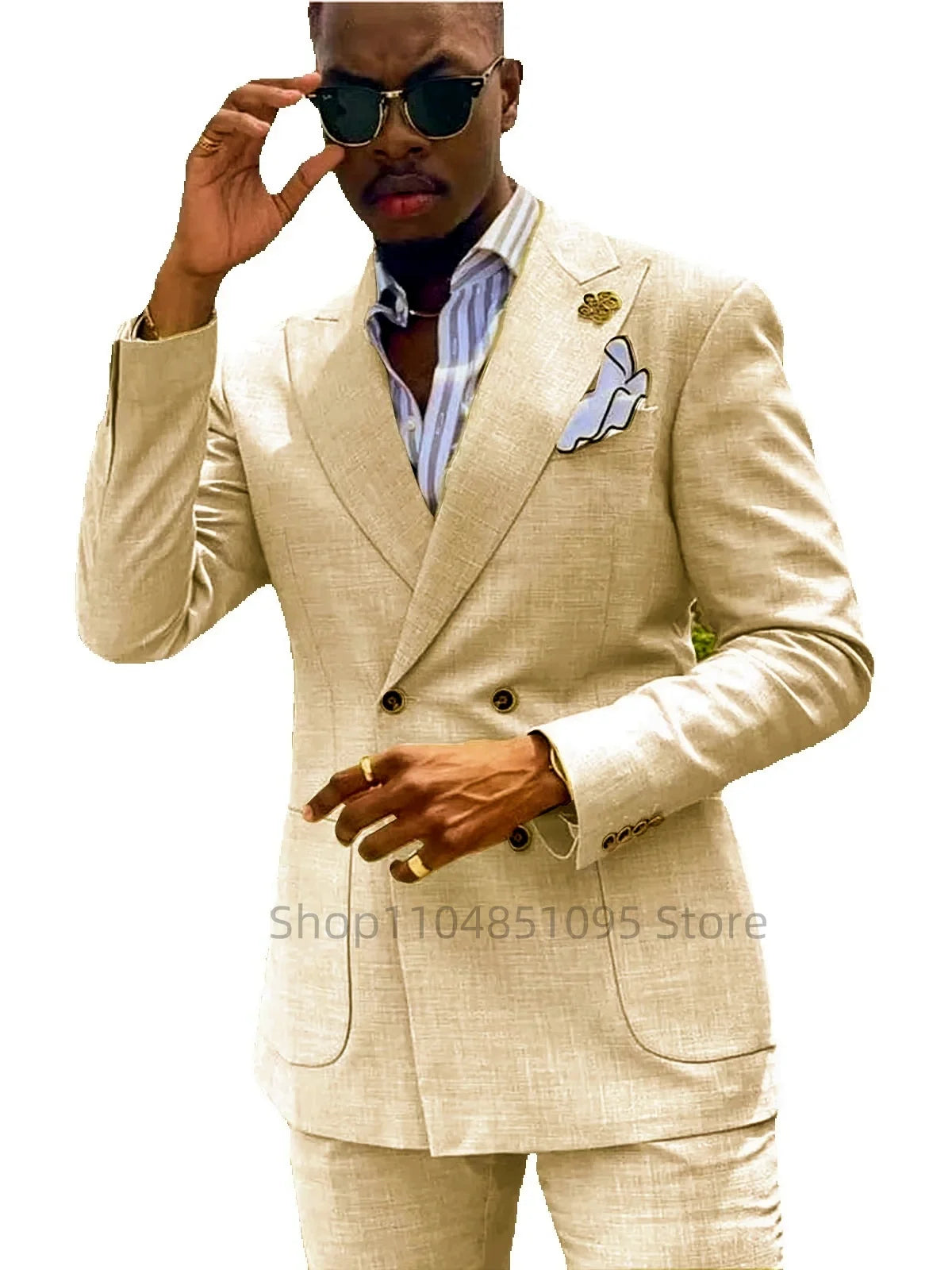 Casual Summer Linen Slim Fit Suits for Men Double Breasted Peaked Lapel Man 2 Piece Outfit Set Blazers with Pants Wedding Suits