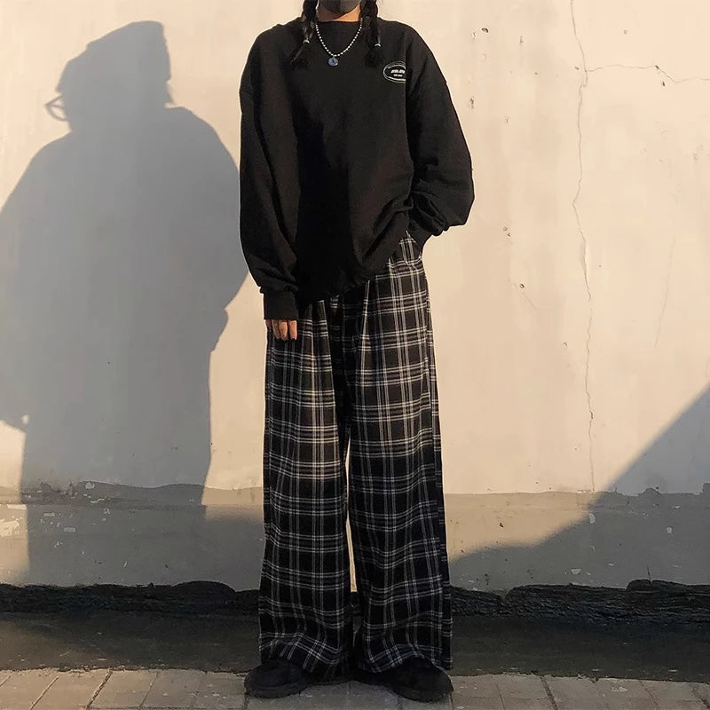 Women's Plaid Wide Leg Sweatpants - High Waist Casual Trousers
