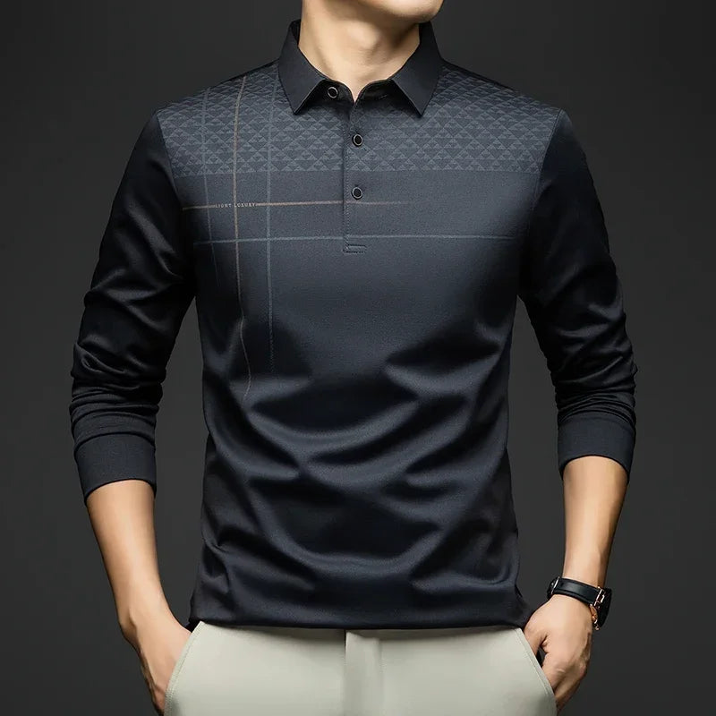 Formal Polo Tshirts Men Graphic Design Long Sleeve Shirt Collar Office Work Polo Tops Man Clothing