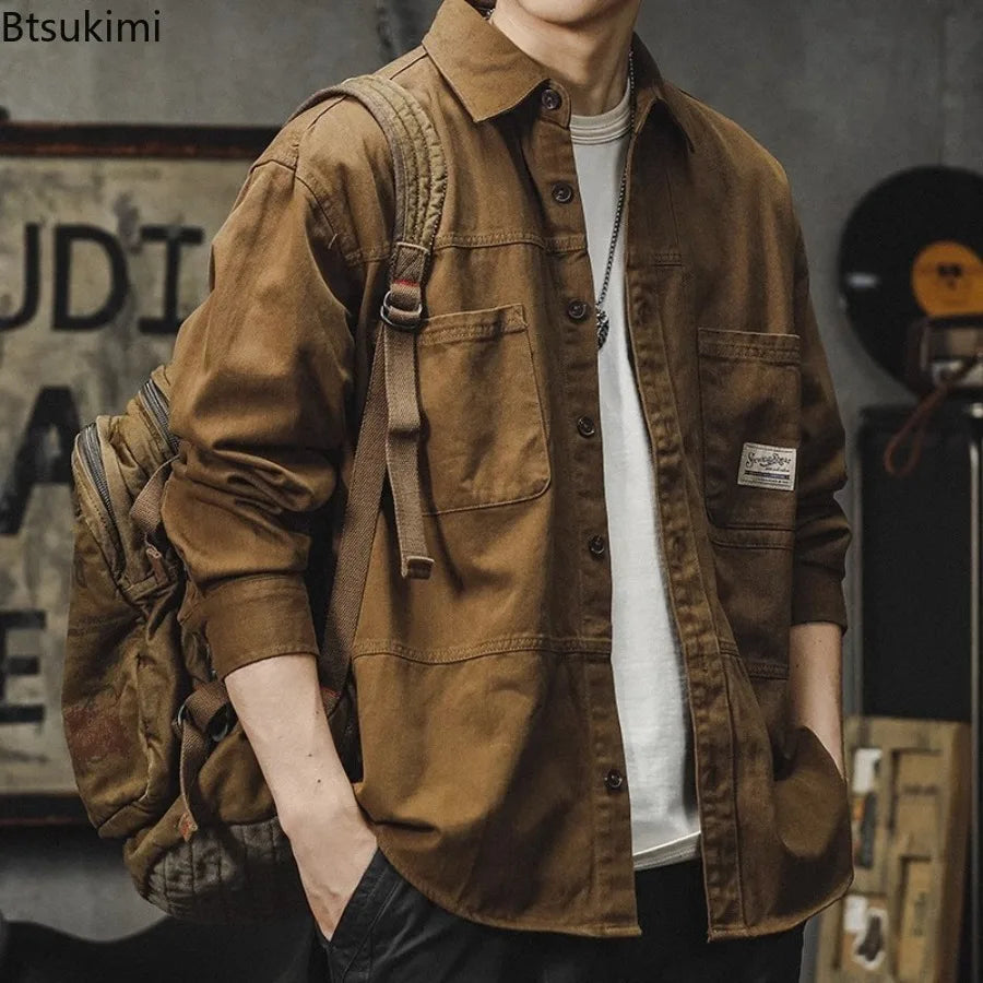 Men's Brown Workwear Shirt Jacket with Pocket Spring and Autumn Loose Japanese Retro Casual Long Sleeved Shirts