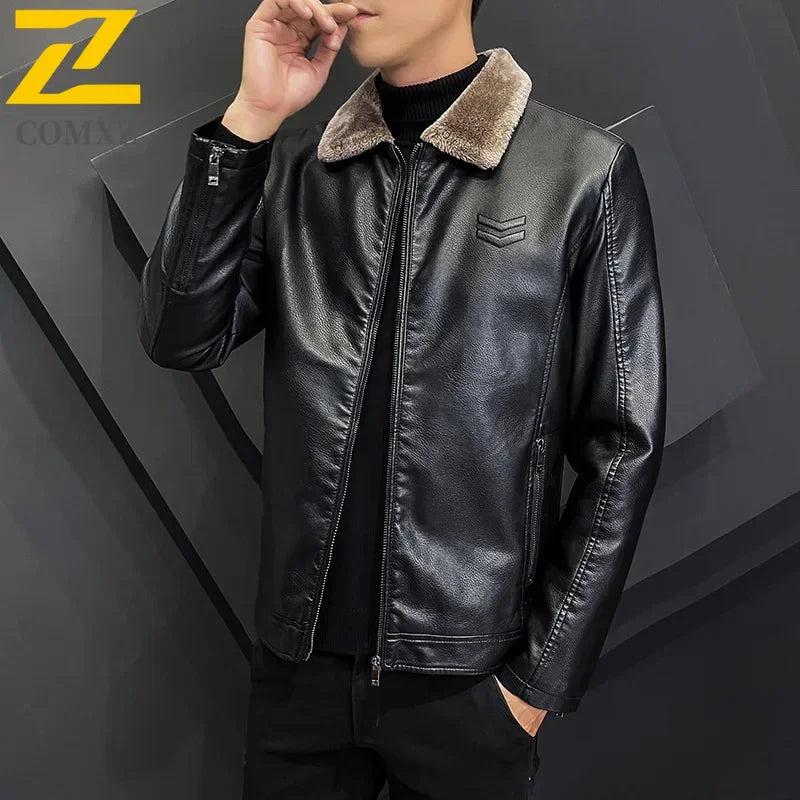 Men's Faux Leather Jacket - Fleece Lined Winter Coat