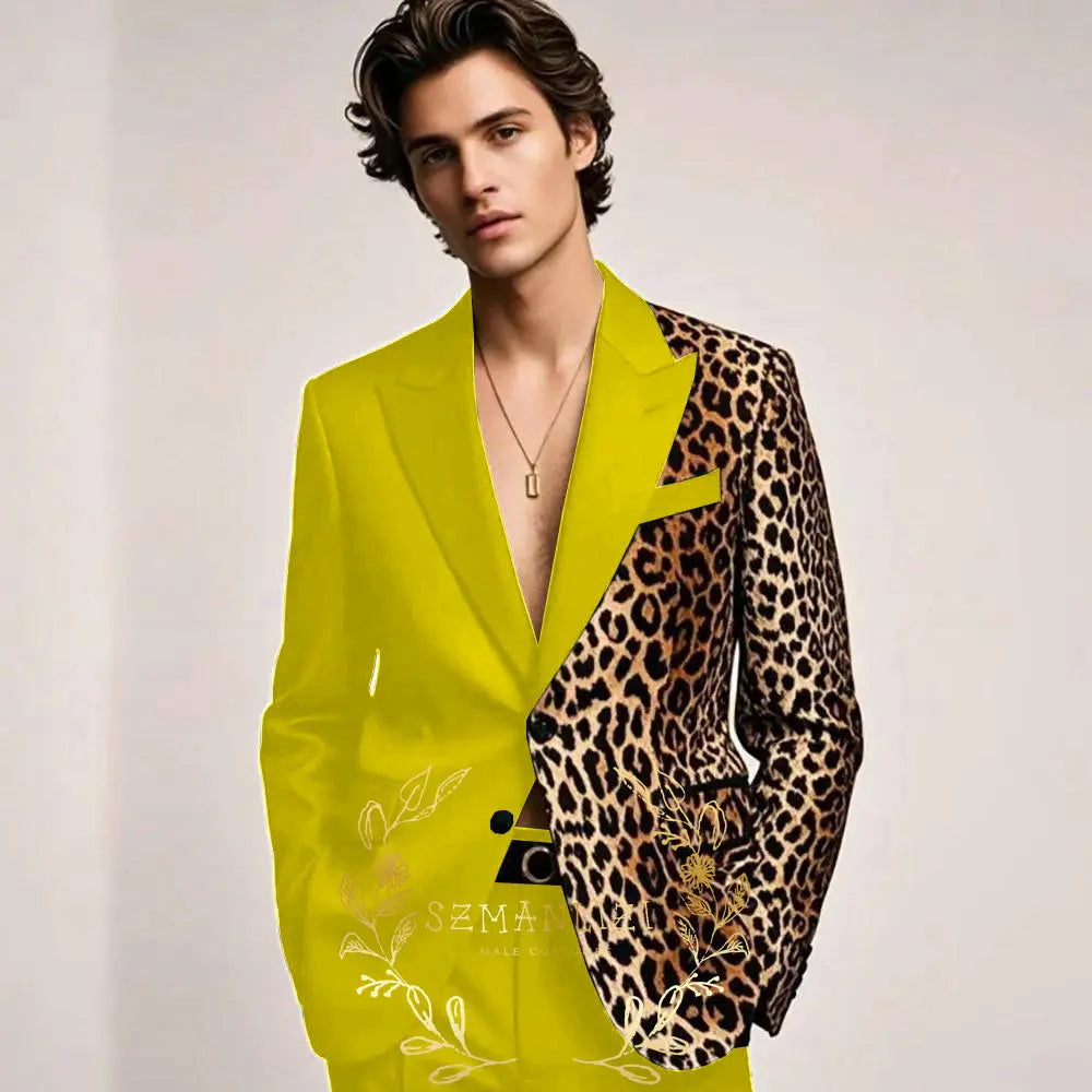 Fashion Suit for Men Leopard Print Peaked Lapel Slim Fit 2 Piece Jacket Pants Blazer Wedding Party Tuxedo Male Clothing