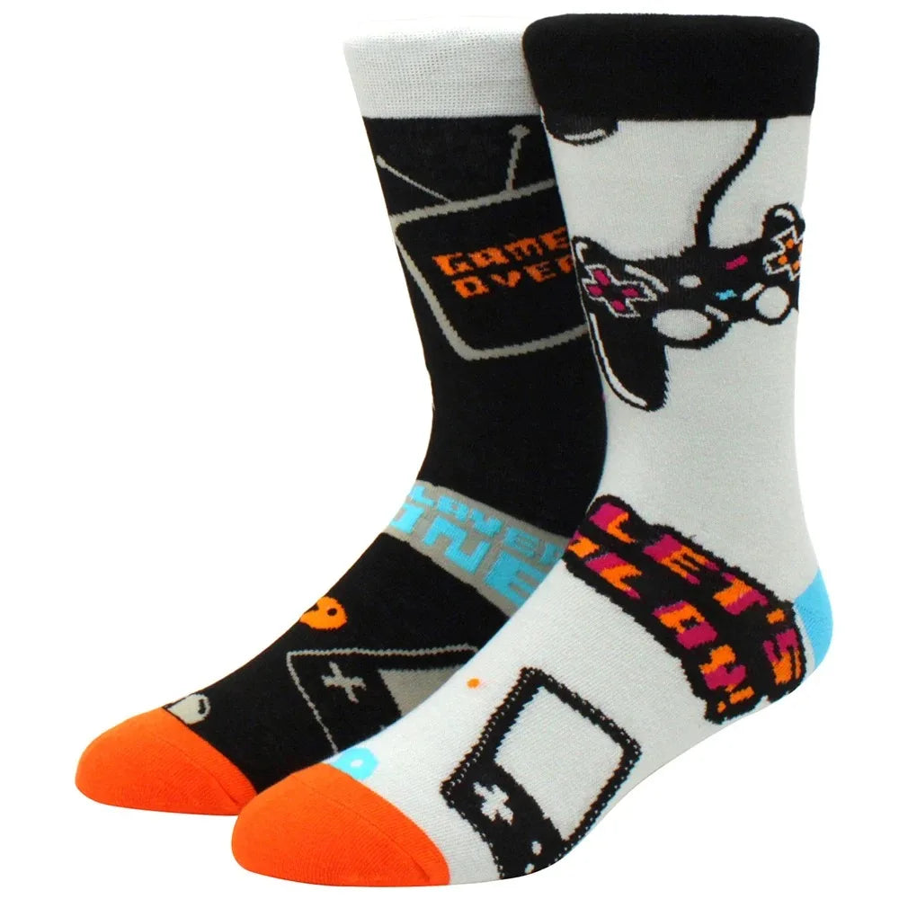 Men's Novelty Cotton Crew Socks - Mismatched Animal & Fruit Design