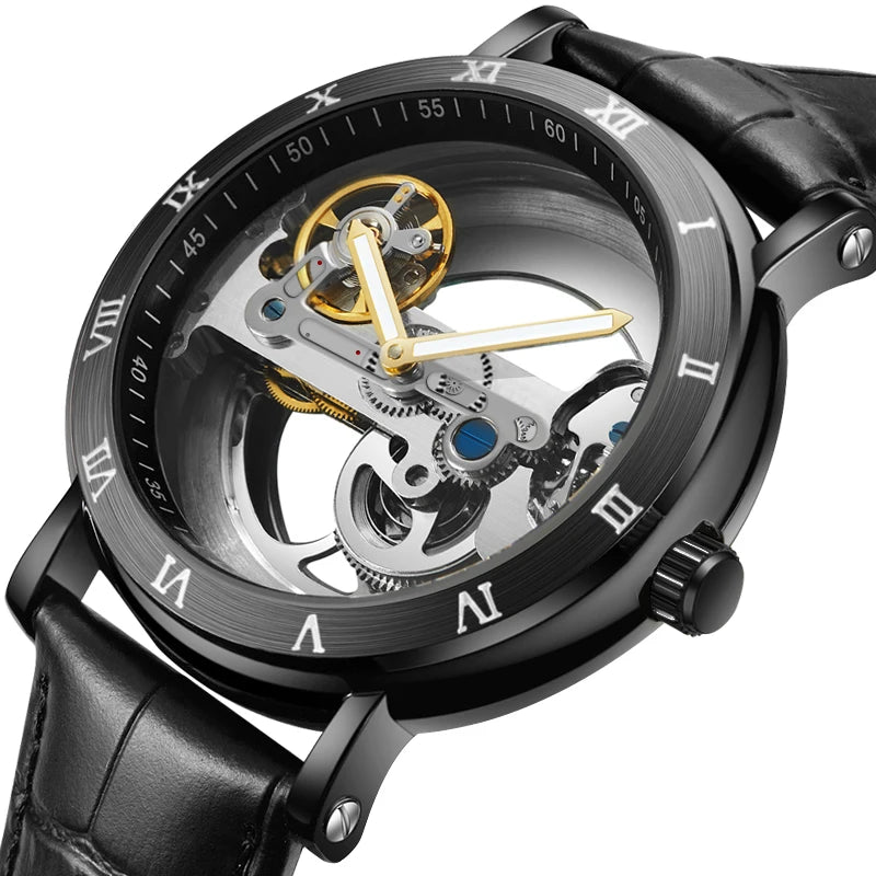 Automatic Skeleton Watch - Golden Bridge Mechanical Wristwatch for Men