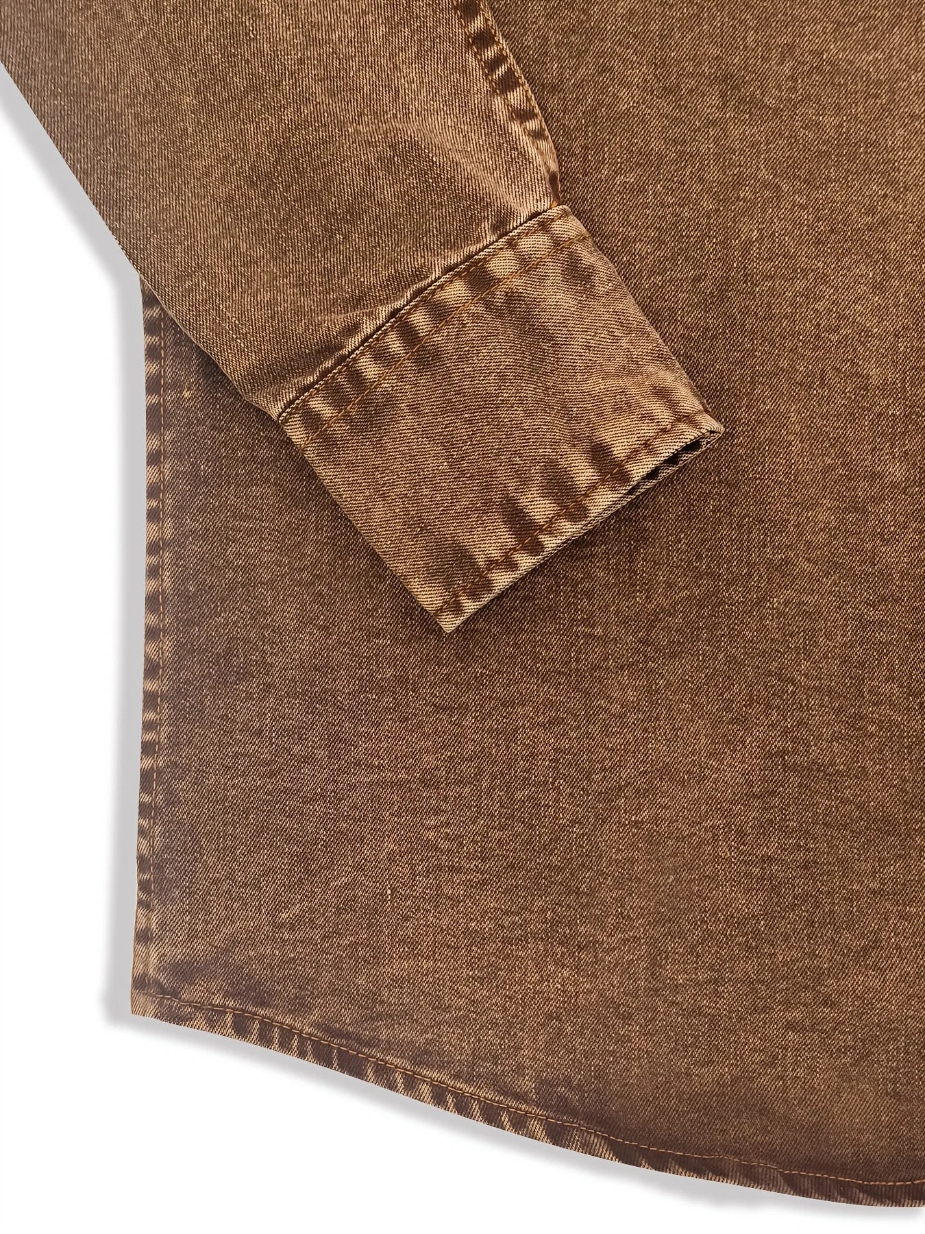 Men's Vintage Washed Denim Long Sleeve Shirt Hand-Washed Workwear Style Brown Shirt with Double Pockets and Diamond Buttons