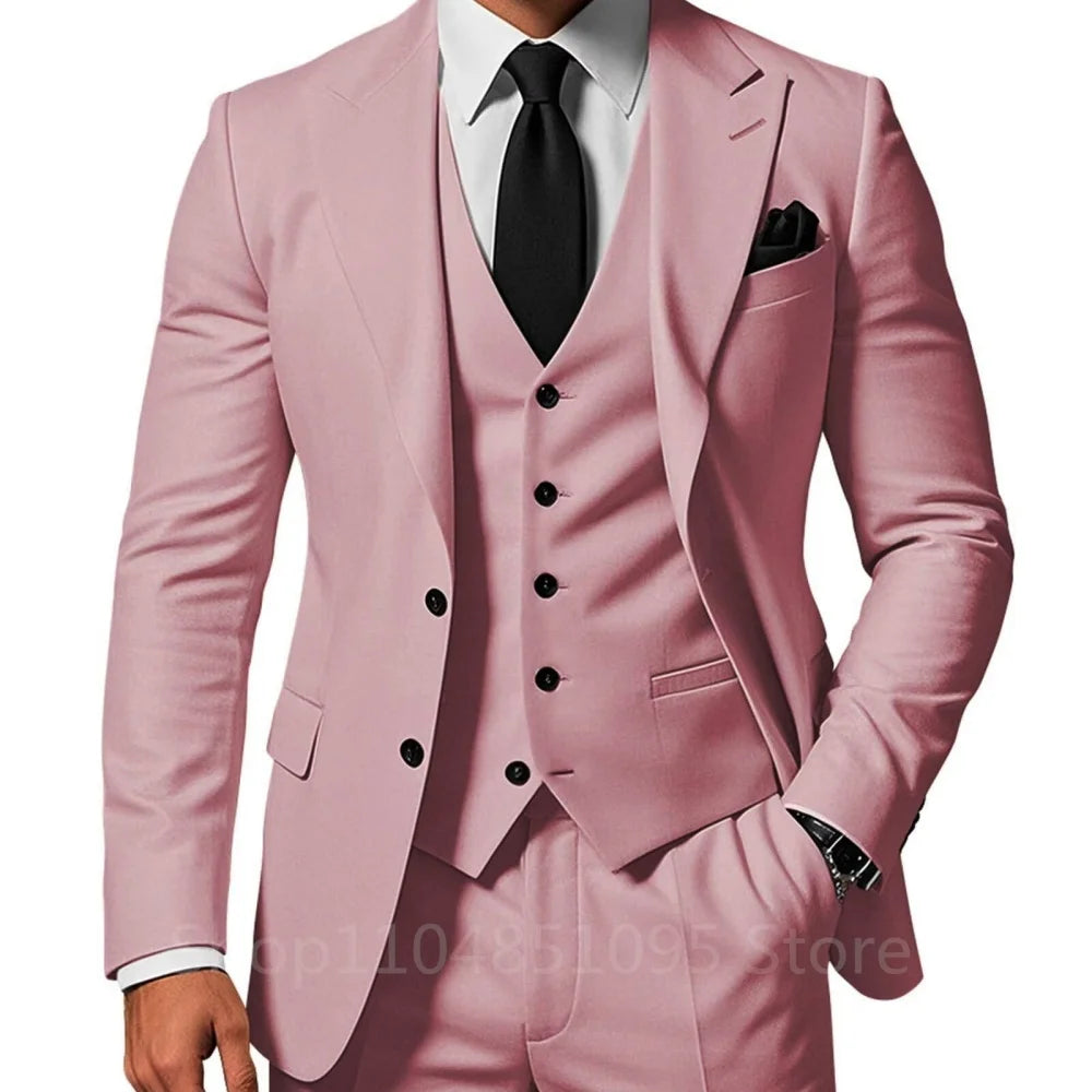 3 Piece Solid Wedding Men Suits Formal Groom Tuxedos Prom Party Male Suits Fashion Men Clothing Set Peak Lapel Jacket Pants Vest