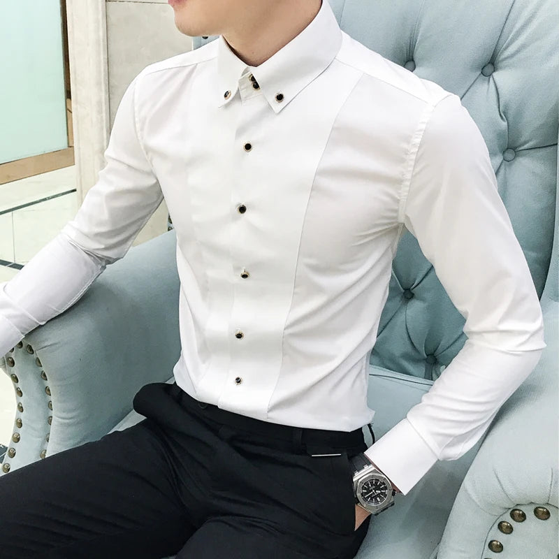 Men's Shirts Luxury Brand New Long Sleeve Elegant Shirts for Men Clothing Slim Fit Casual Mens Dress Shirts Formal Black/White