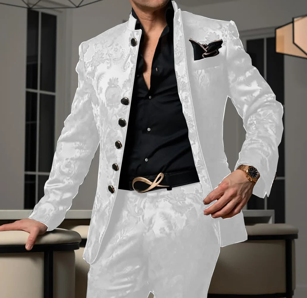 Patterned Black Men's Suit 2-piece Jacket Pants Wedding Groom Tuxedo Stand Collar Blazer Classic Jacquard Outfit