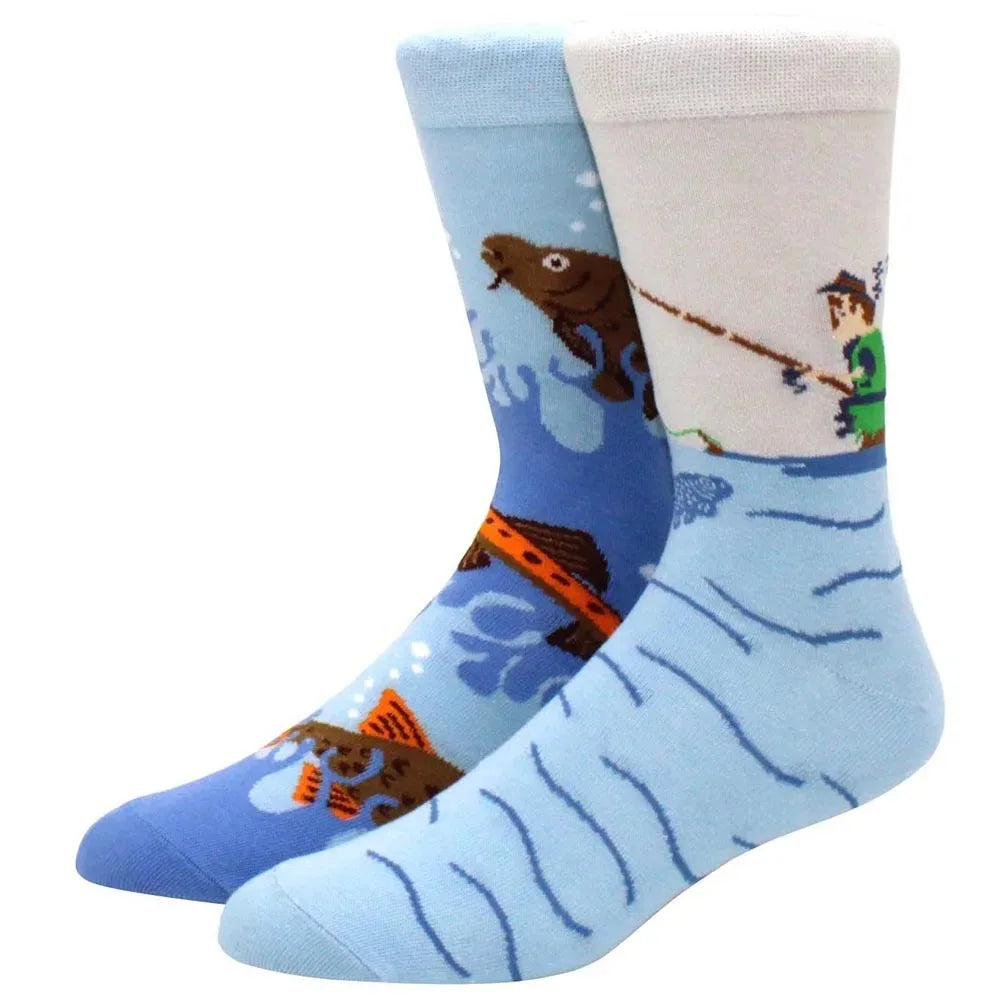 Men's Novelty Cotton Crew Socks - Mismatched Animal & Fruit Design