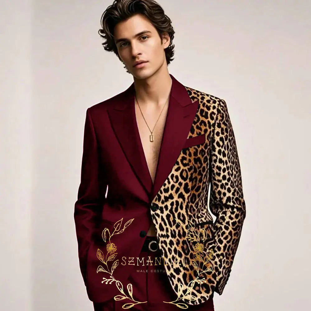 Fashion Suit for Men Leopard Print Peaked Lapel Slim Fit 2 Piece Jacket Pants Blazer Wedding Party Tuxedo Male Clothing