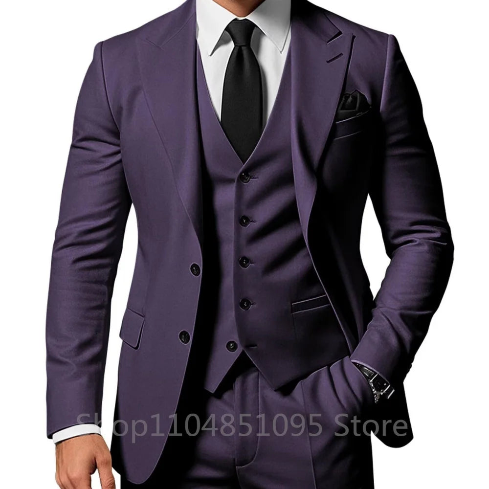 3 Piece Solid Wedding Men Suits Formal Groom Tuxedos Prom Party Male Suits Fashion Men Clothing Set Peak Lapel Jacket Pants Vest
