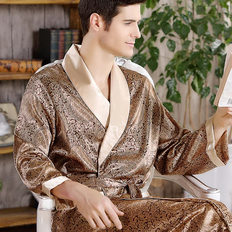 Men's Luxury Silk Bathrobe - Geometric Print Kimono Robe