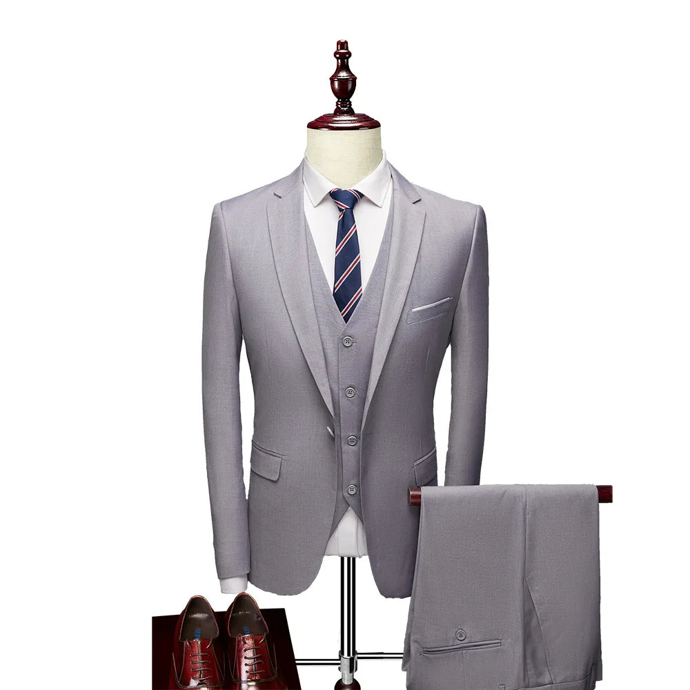 Men Suit Set Simple Solid Color Long Sleeve Male Outfit Single-breasted Slim Business Wedding Versatile Men Three-piece Suits