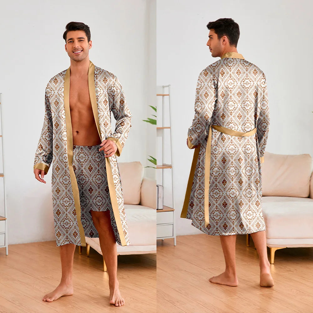 Men's Kimono Bathrobe Set - Luxury Ice Silk Robe & Pajamas