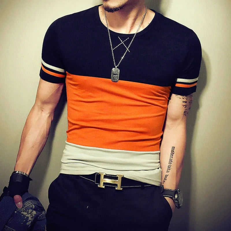 Men's Casual Patchwork T-Shirt - Short Sleeve Cotton Blend Tee