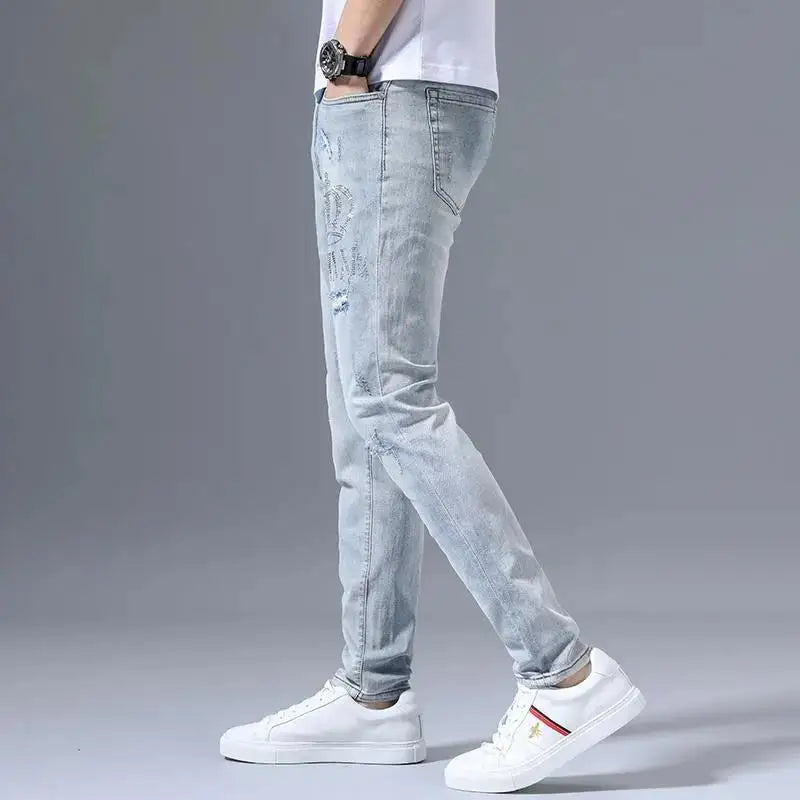 Men's Embroidered Slim Fit Denim Jeans - Stretch Ripped Design