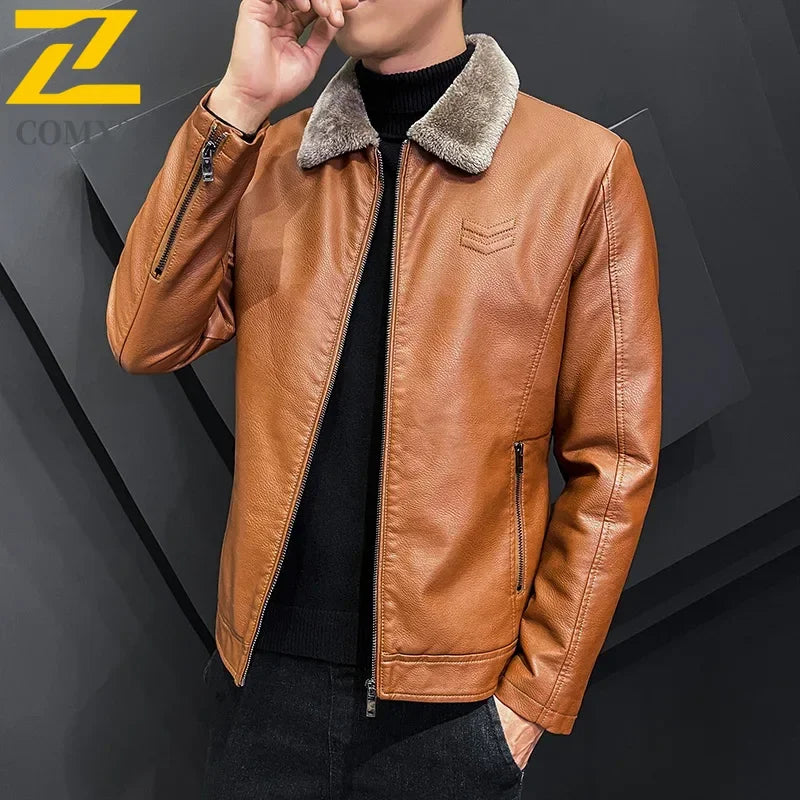 Men's Faux Leather Jacket - Fleece Lined Winter Coat