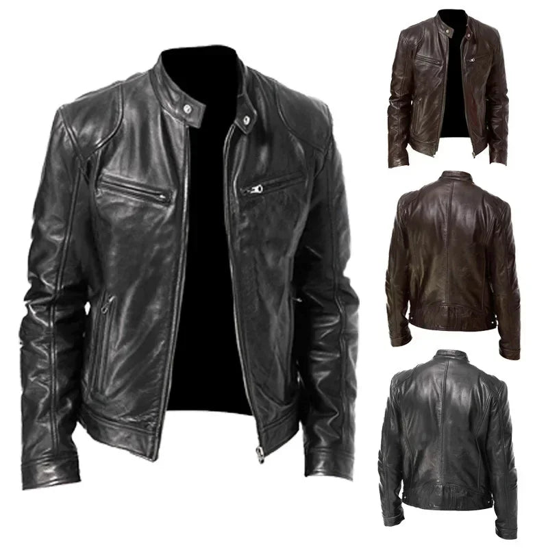 Mens Motorcycle PU Leather Jacket Slim Fit Short-Coat Autumn New Zipper Stand Windproof