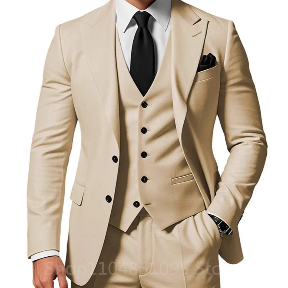 3 Piece Solid Wedding Men Suits Formal Groom Tuxedos Prom Party Male Suits Fashion Men Clothing Set Peak Lapel Jacket Pants Vest