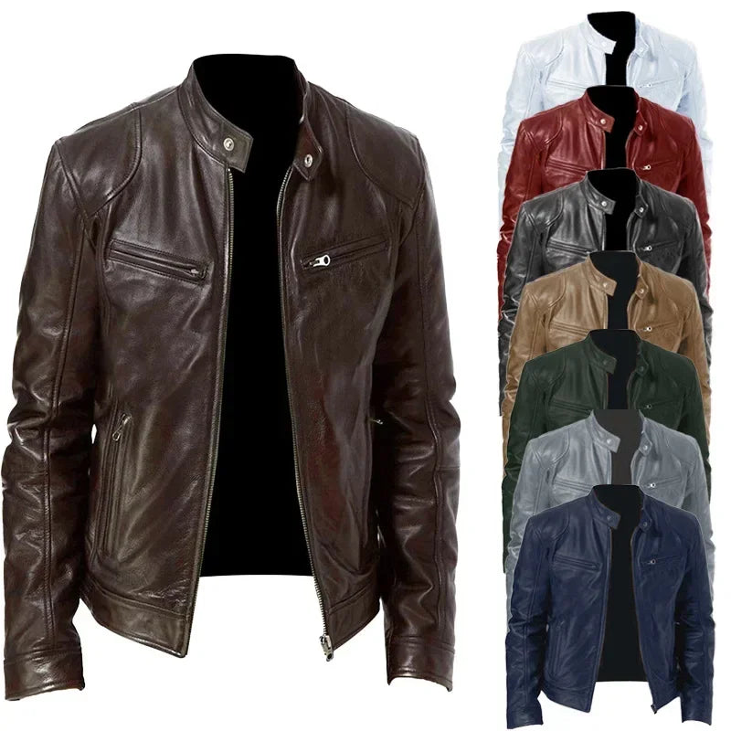 Mens Motorcycle PU Leather Jacket Slim Fit Short-Coat Autumn New Zipper Stand Windproof