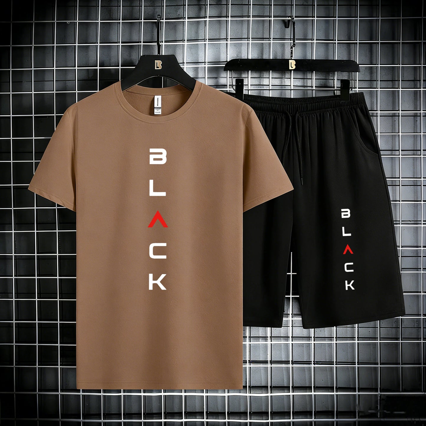 Black Simple Letter Pattern Mens Cotton Summer Classic Short Suits Cool All-Match Streetwear Soft Pocket Bottom Daily 2Pc Set