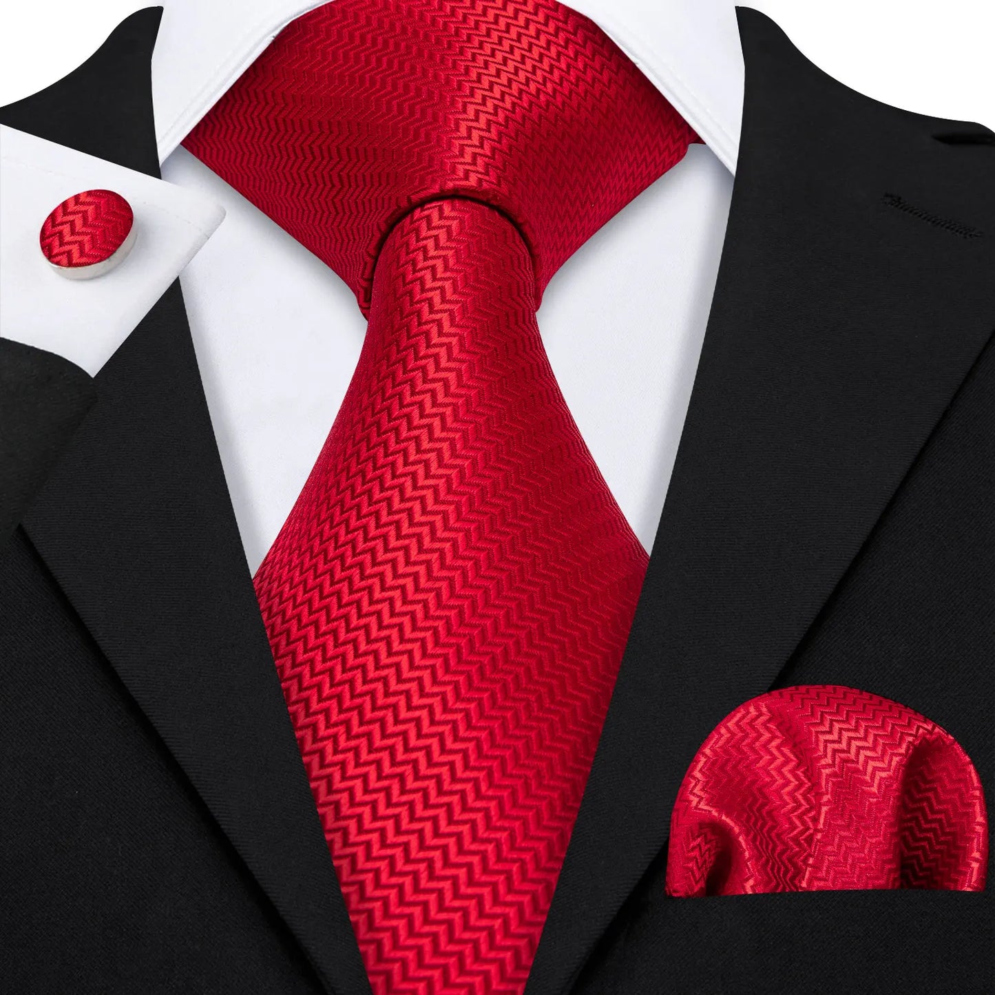 Barry.Wang Red Silk Mens Tie Hanky Cufflinks Set Burgundy Maroon Scarlet Carmine Rose Jacquard Necktie For Male Wedding Party