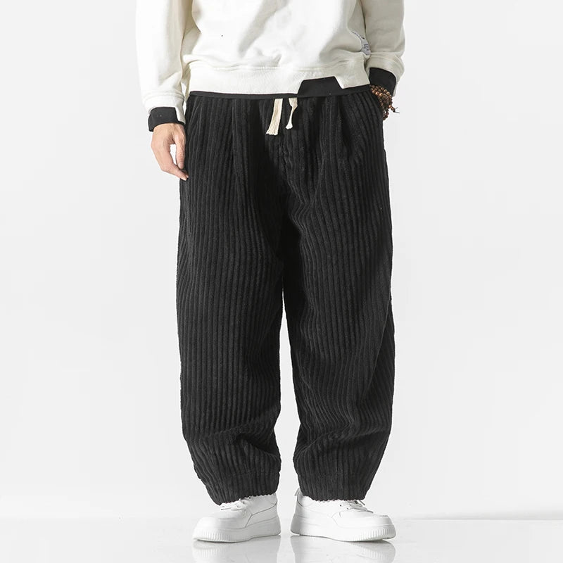 Men's Corduroy Harem Pants - Loose Fit Casual Joggers with Drawstring